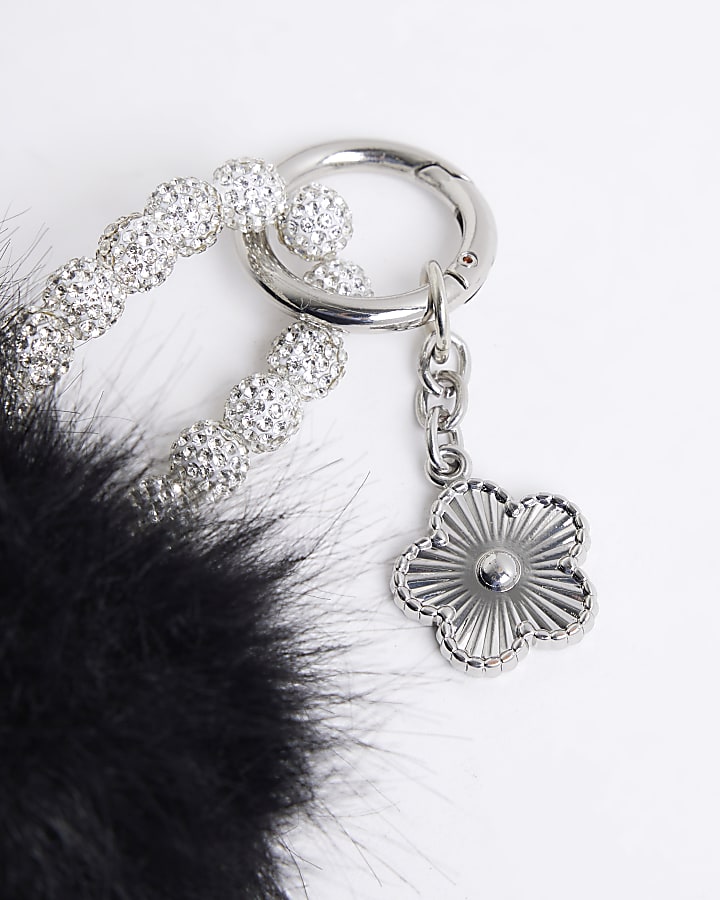 Black Faux Fur Pompom Diamante Bag Charm