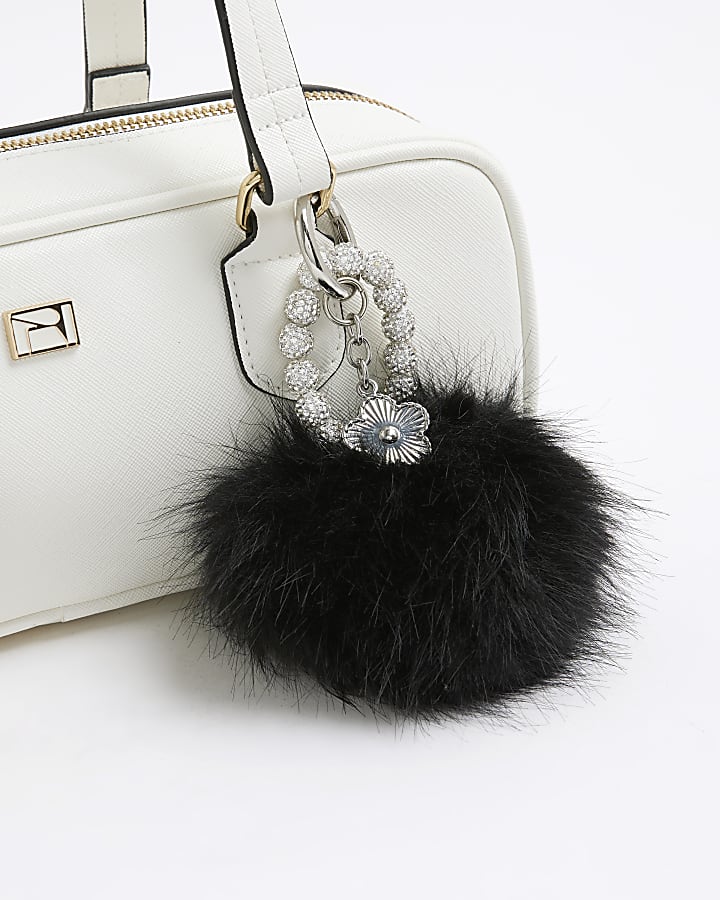 Black Faux Fur Pompom Diamante Bag Charm
