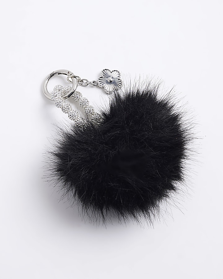 Black Faux Fur Pompom Diamante Bag Charm