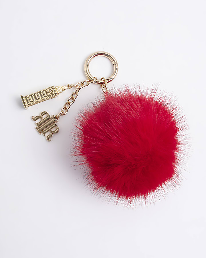 Red London Faux Fur Pompom Bag Charm