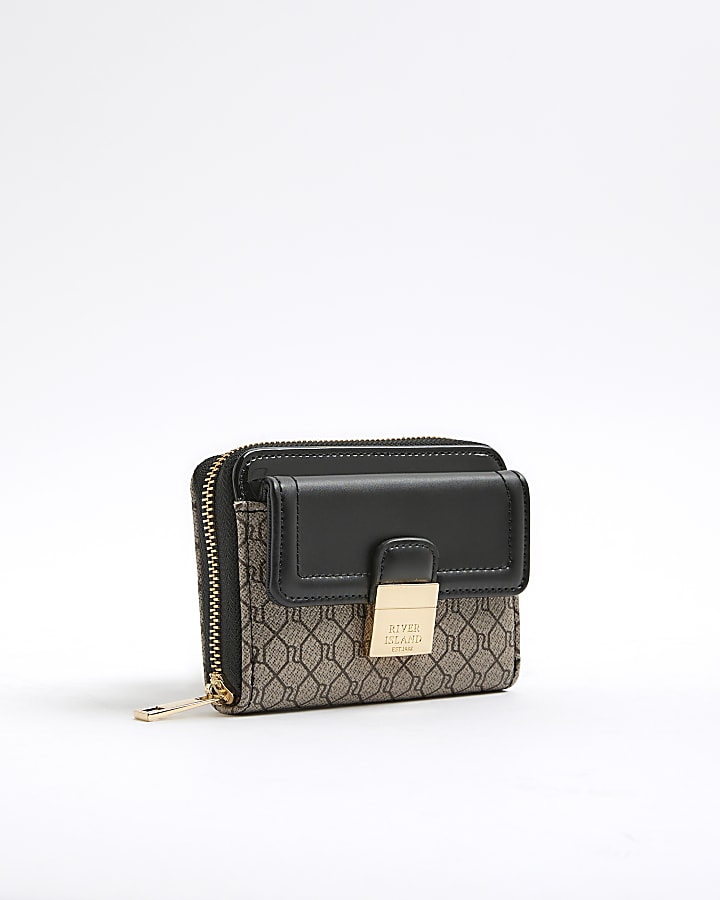 Black RI Monogram Print Lock Front Purse