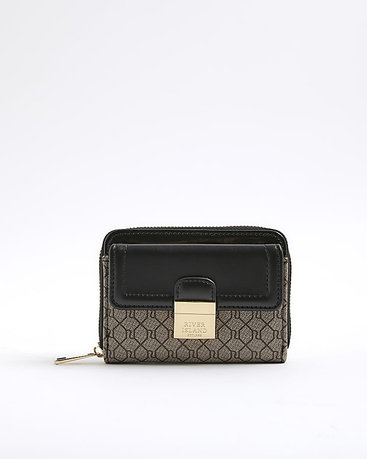 Black RI Monogram Print Lock Front Purse