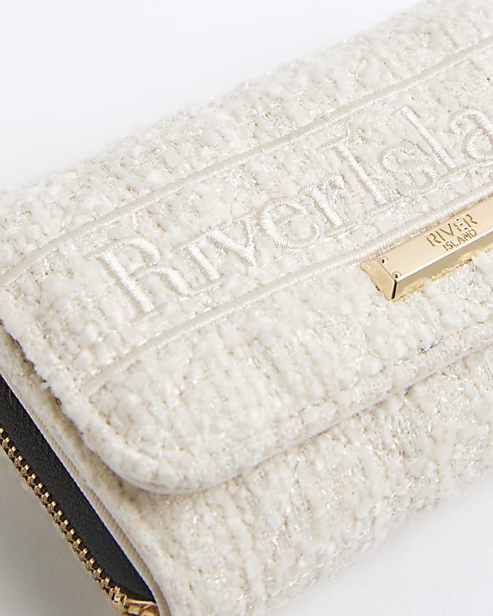 Cream Boucle Fold Over Flap Zip Around Purse