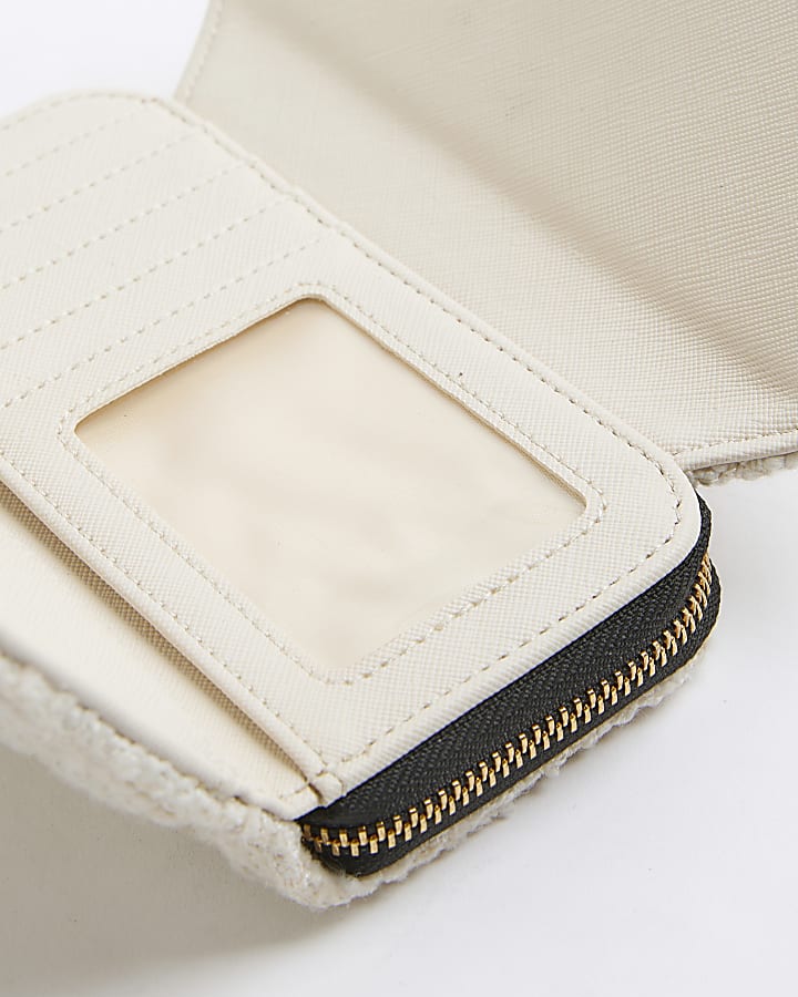 Cream Boucle Fold Over Flap Zip Around Purse