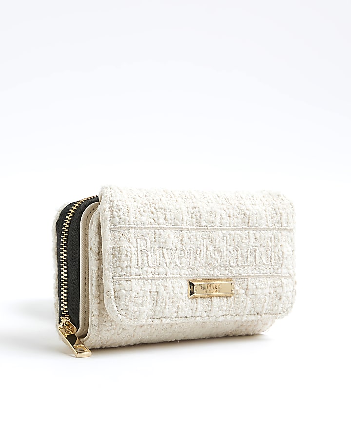 Cream Boucle Fold Over Flap Zip Around Purse