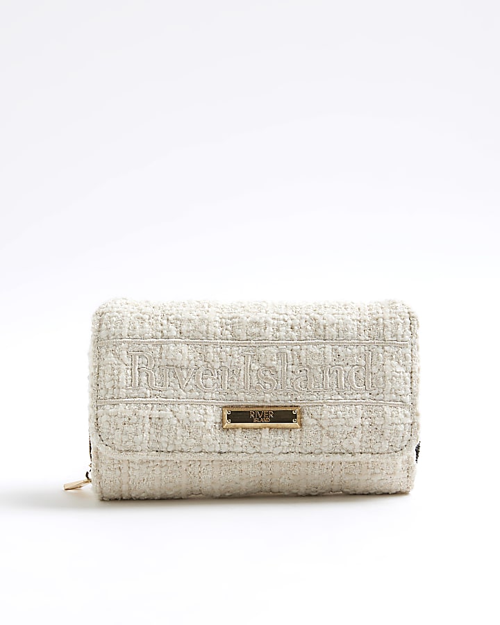 Cream Boucle Fold Over Flap Zip Around Purse