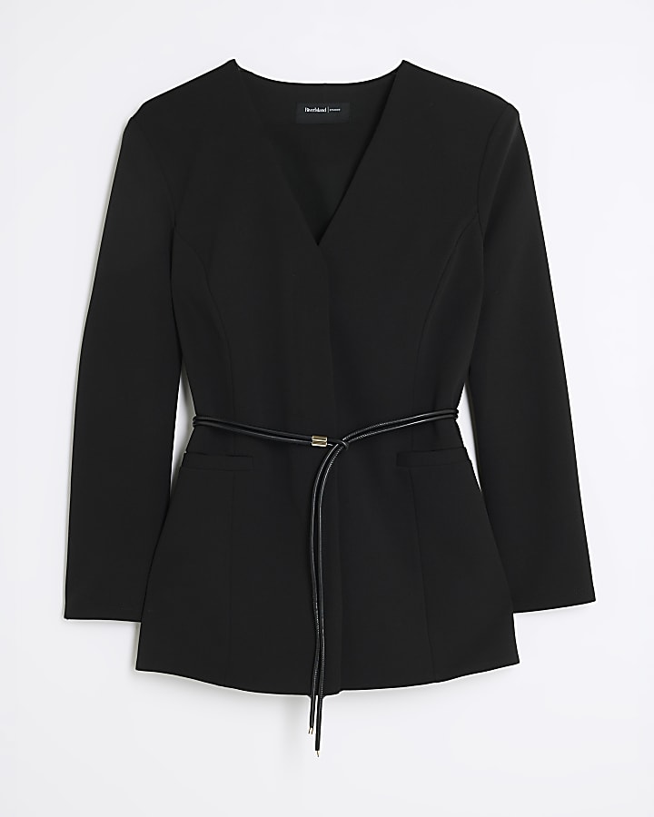 Petite Black Collarless Belted Blazer