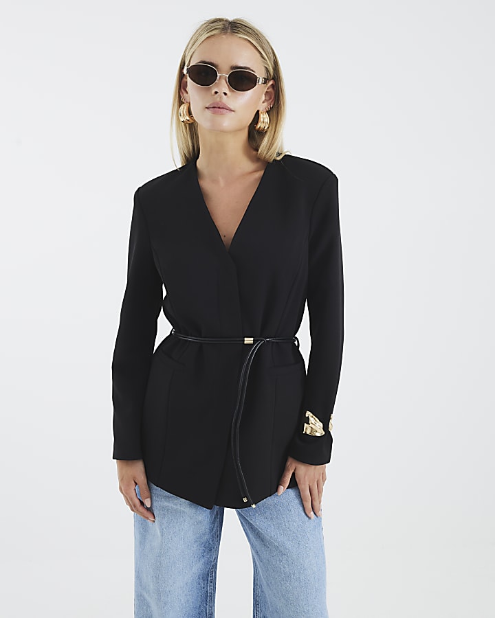 Petite Black Collarless Belted Blazer