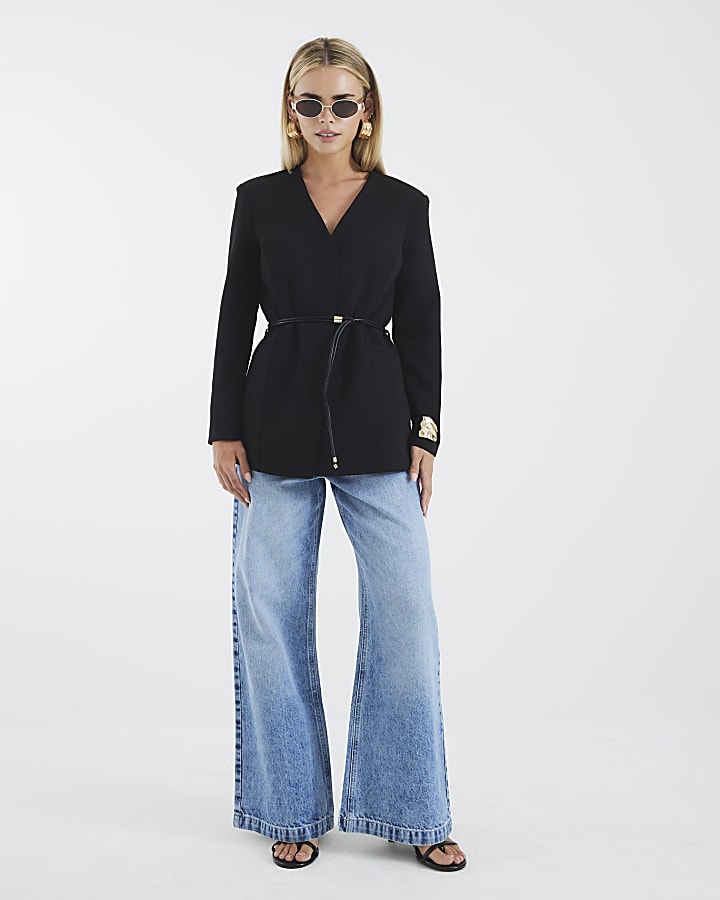 Petite Black Collarless Belted Blazer