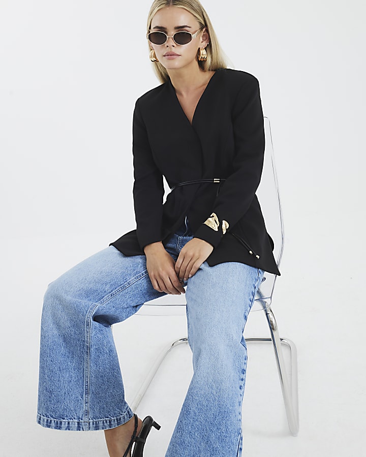 Petite Black Collarless Belted Blazer