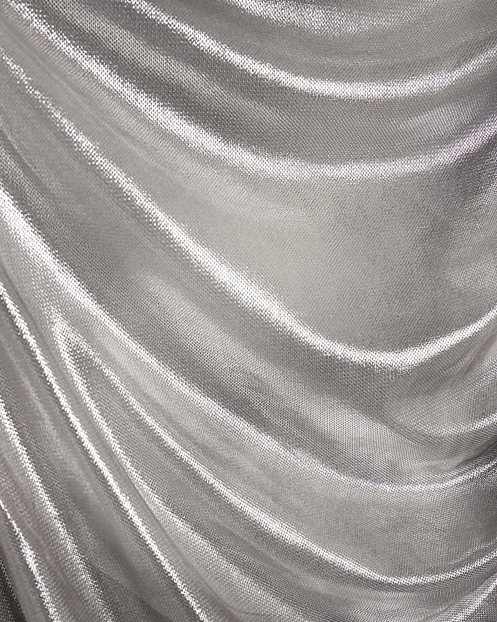Silver Asymmetric Metallic Mesh Midi Dress