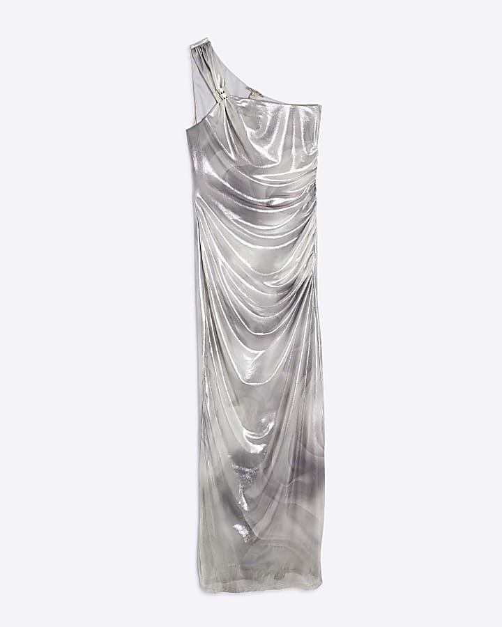Silver Asymmetric Metallic Mesh Midi Dress