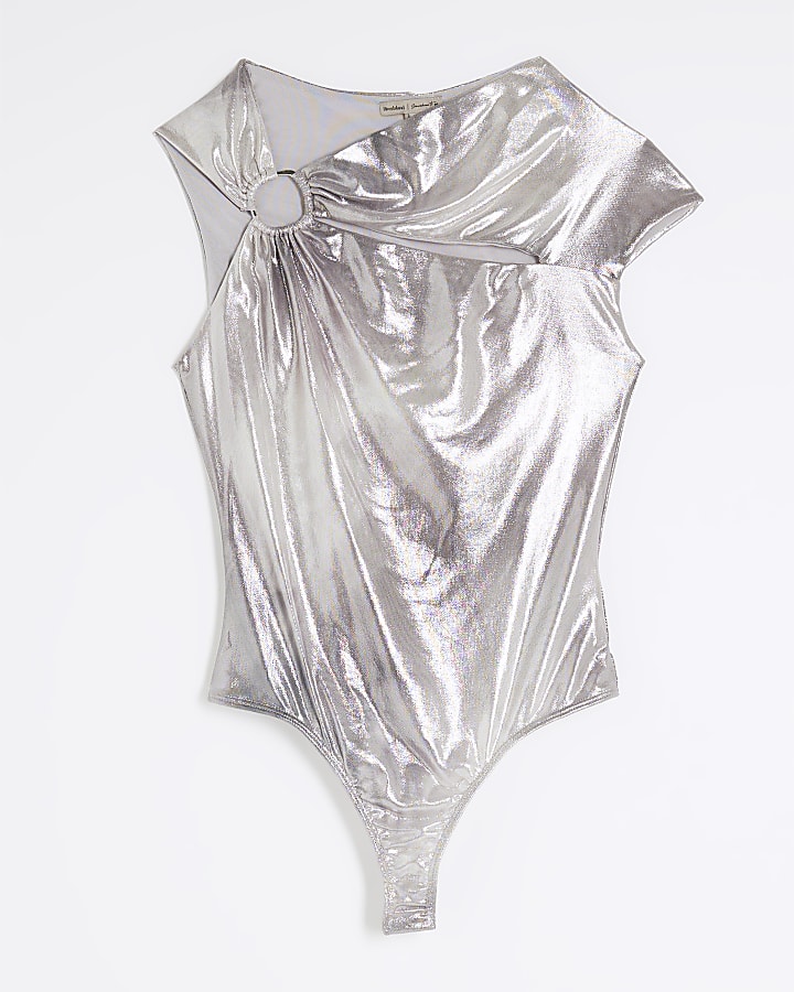 Silver Sleeveless Cut Out Metallic Bodysuit