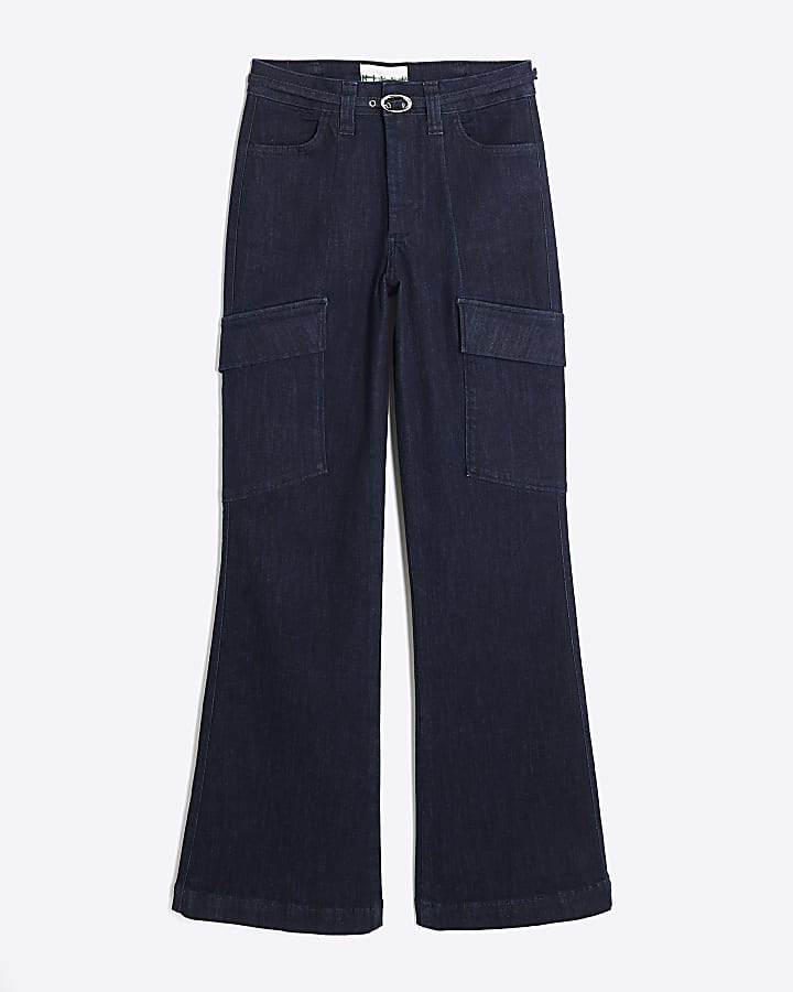 Blue High Rise Relaxed Flared Cargo Jeans