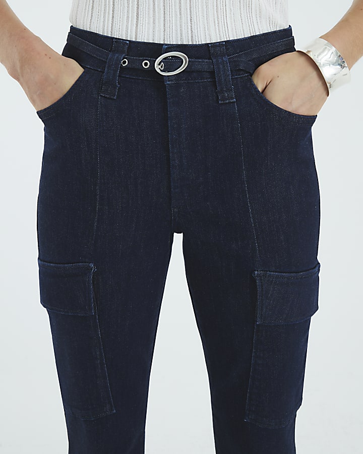 Blue High Rise Relaxed Flared Cargo Jeans