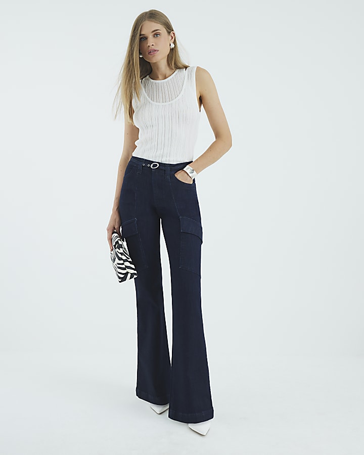 Blue High Rise Relaxed Flared Cargo Jeans