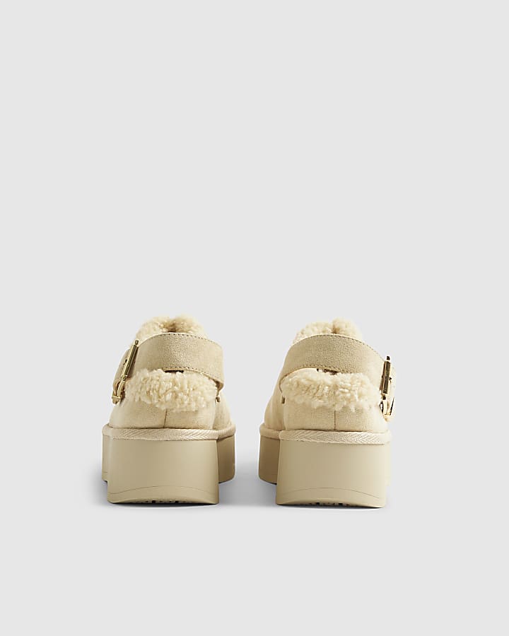 Beige Buckle Strap Faux Fur Lined Boots