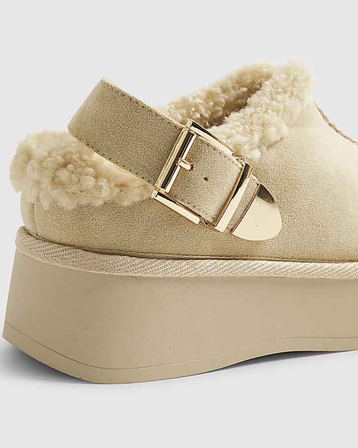 Beige Buckle Strap Faux Fur Lined Boots