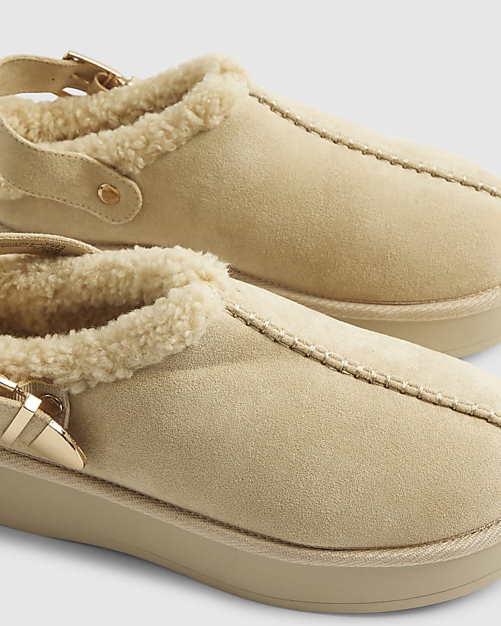 Beige Buckle Strap Faux Fur Lined Boots