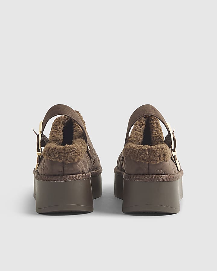 Brown Monogram Faux Fur Lined Buckle Mules