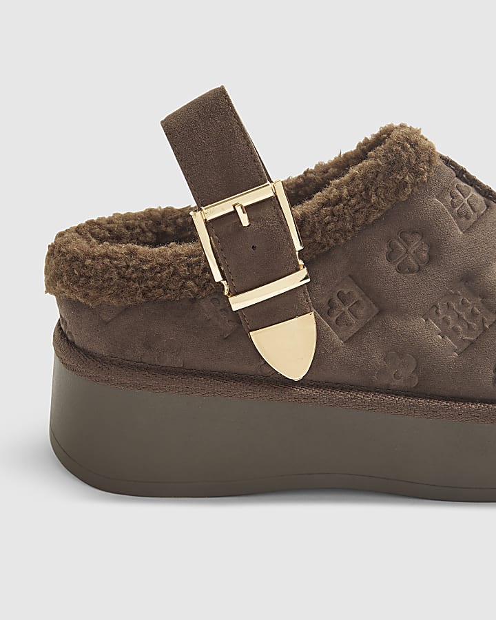Brown Monogram Faux Fur Lined Buckle Mules