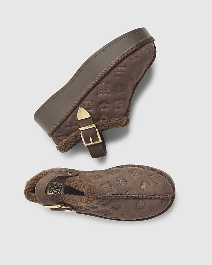 Brown Monogram Faux Fur Lined Buckle Mules