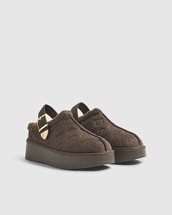 Brown Monogram Faux Fur Lined Buckle Mules