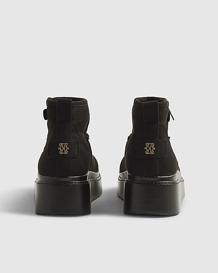 Black Side Zip Faux Fur Lined Wedge Boots