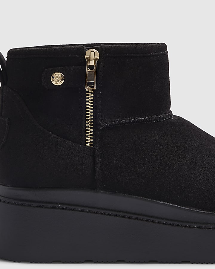 Black Side Zip Faux Fur Lined Wedge Boots