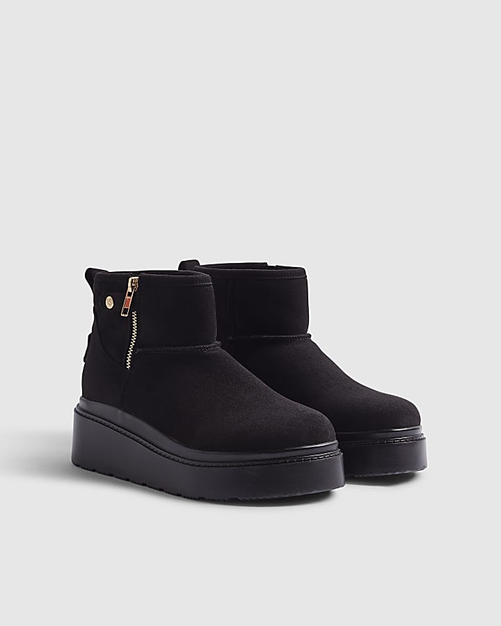 Black Side Zip Faux Fur Lined Wedge Boots