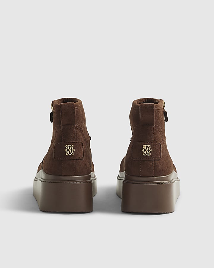 Brown Side Zip Faux Fur Lined Wedge Boots