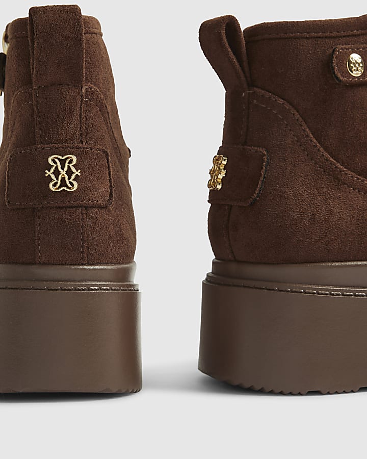 Brown Side Zip Faux Fur Lined Wedge Boots