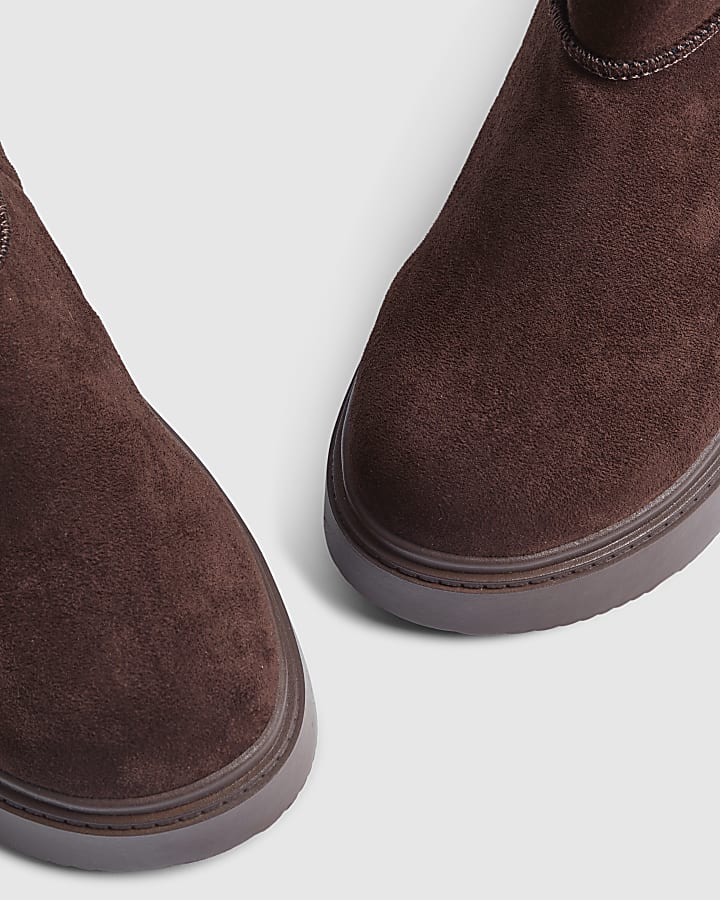 Brown Side Zip Faux Fur Lined Wedge Boots