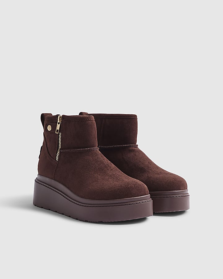 Brown Side Zip Faux Fur Lined Wedge Boots