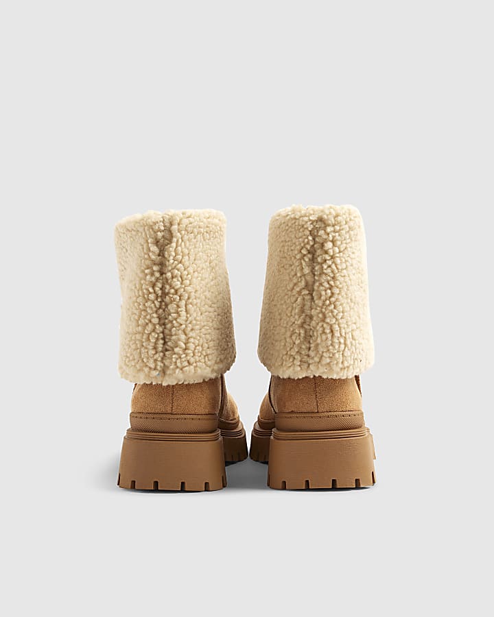 Brown Embroidered Borg Cuff Ankle Boots