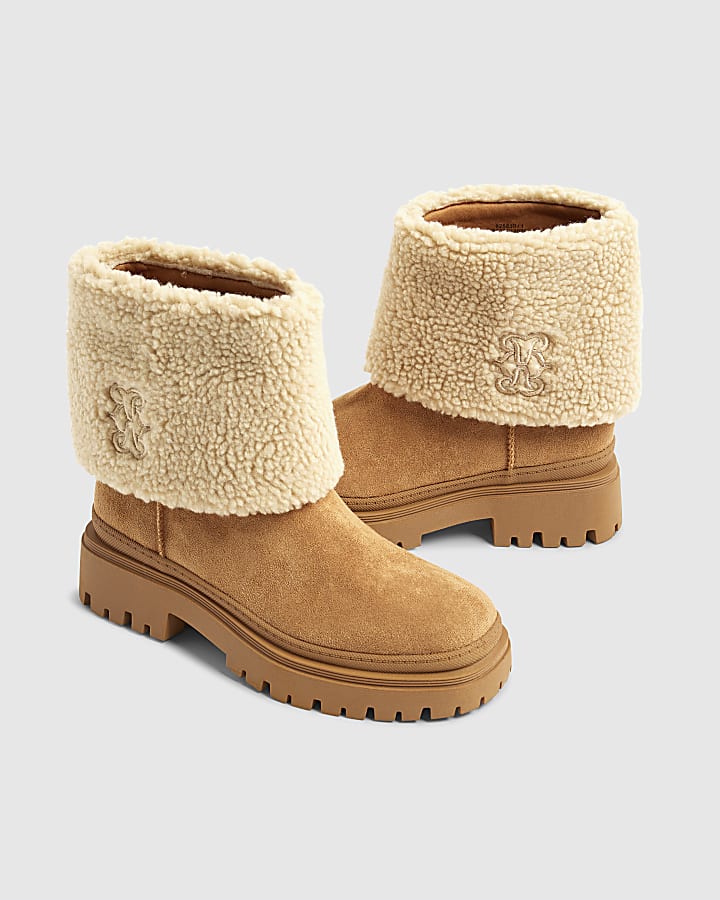Brown Embroidered Borg Cuff Ankle Boots