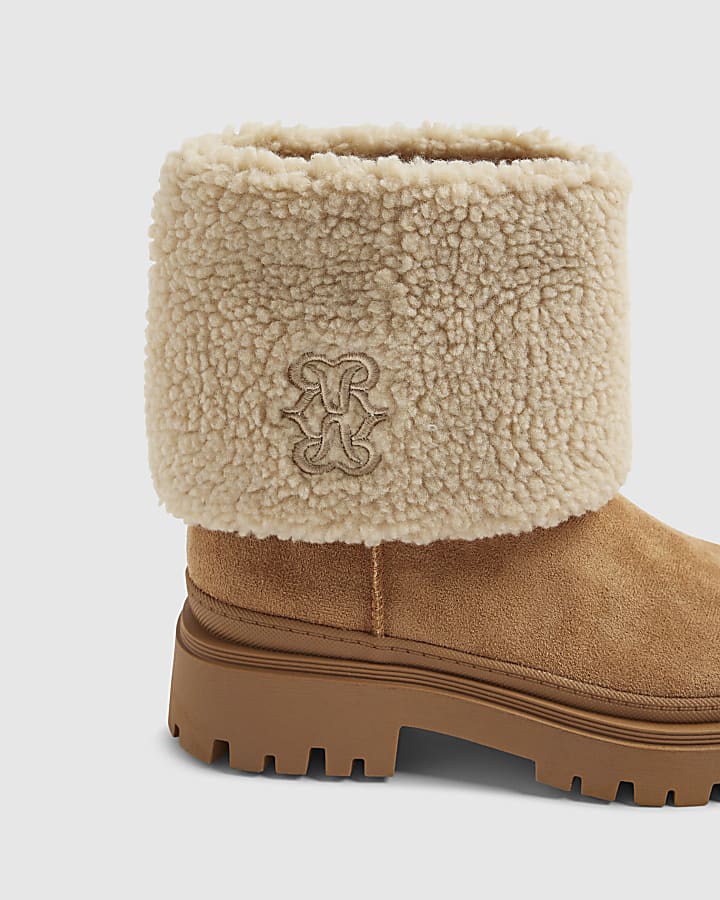 Brown Embroidered Borg Cuff Ankle Boots