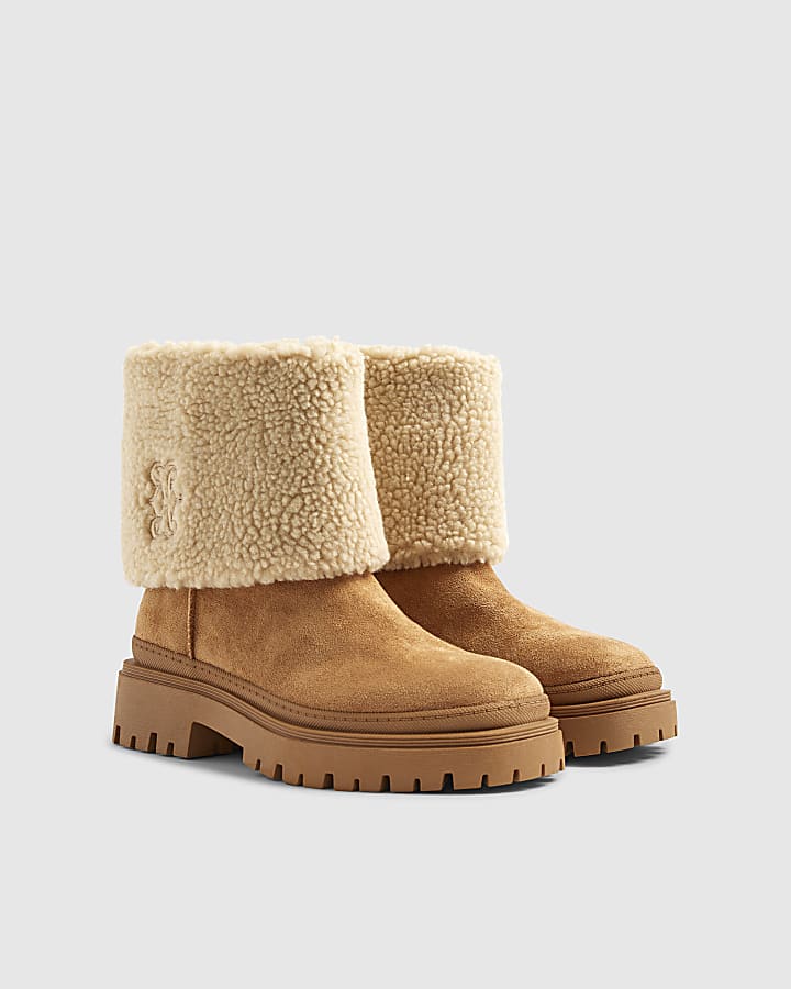 Brown Embroidered Borg Cuff Ankle Boots