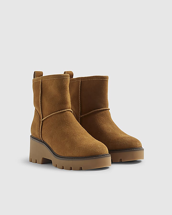 Brown Suede Wedge Faux Fur Lined Boots