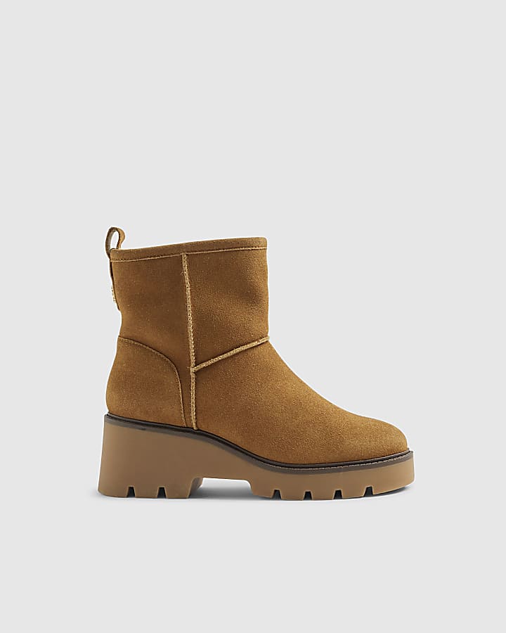 Brown Suede Wedge Faux Fur Lined Boots