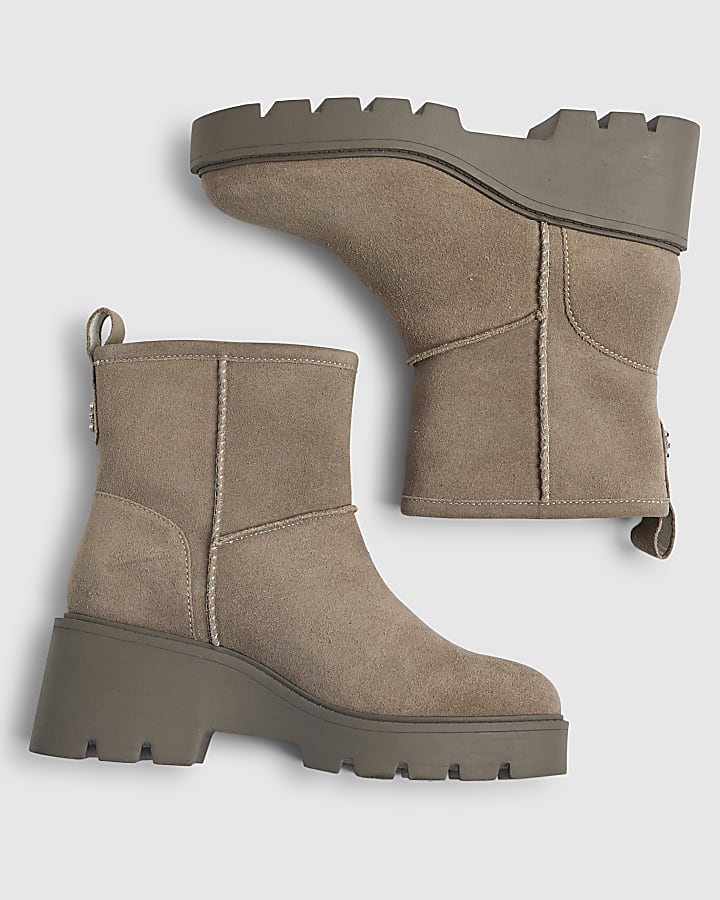Grey Suede Wedge Faux Fur Lined Boots