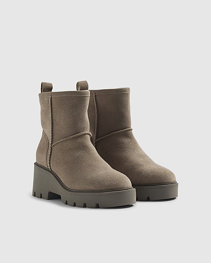 Grey Suede Wedge Faux Fur Lined Boots