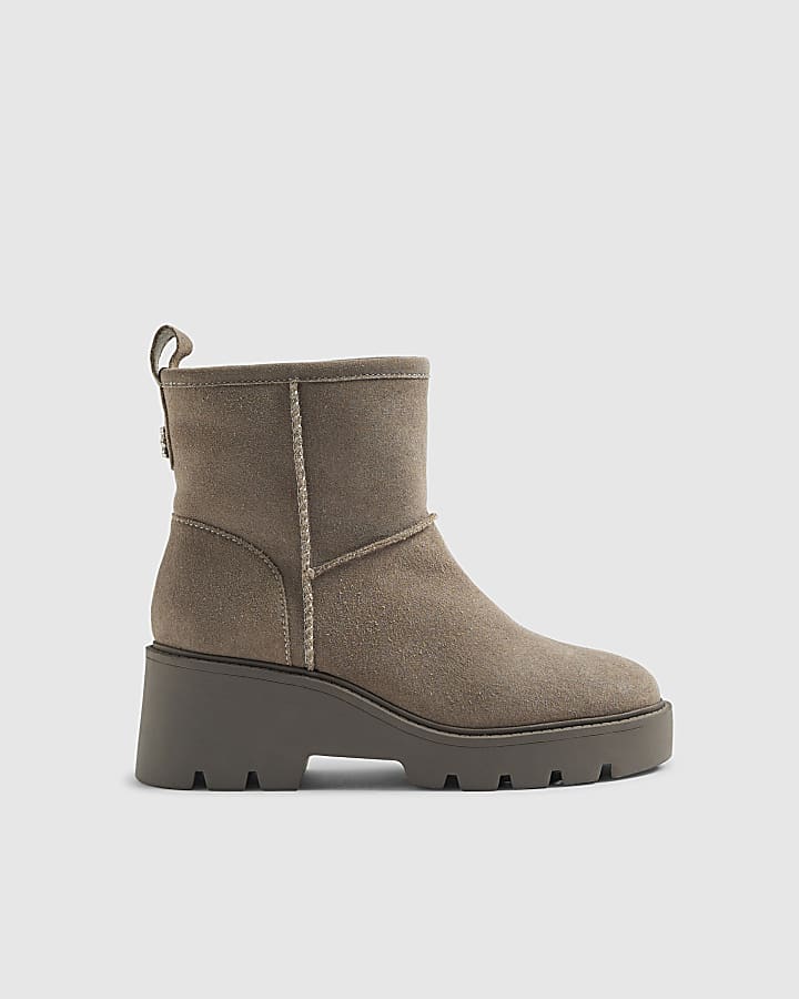 Grey Suede Wedge Faux Fur Lined Boots