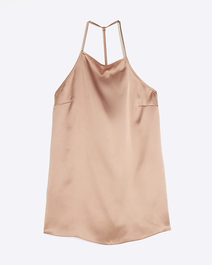 Petite Brown Halter Neck Satin Cami Top