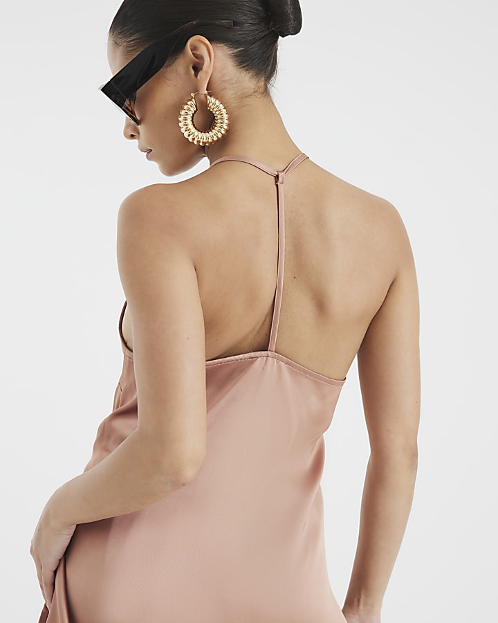 Petite Brown Halter Neck Satin Cami Top