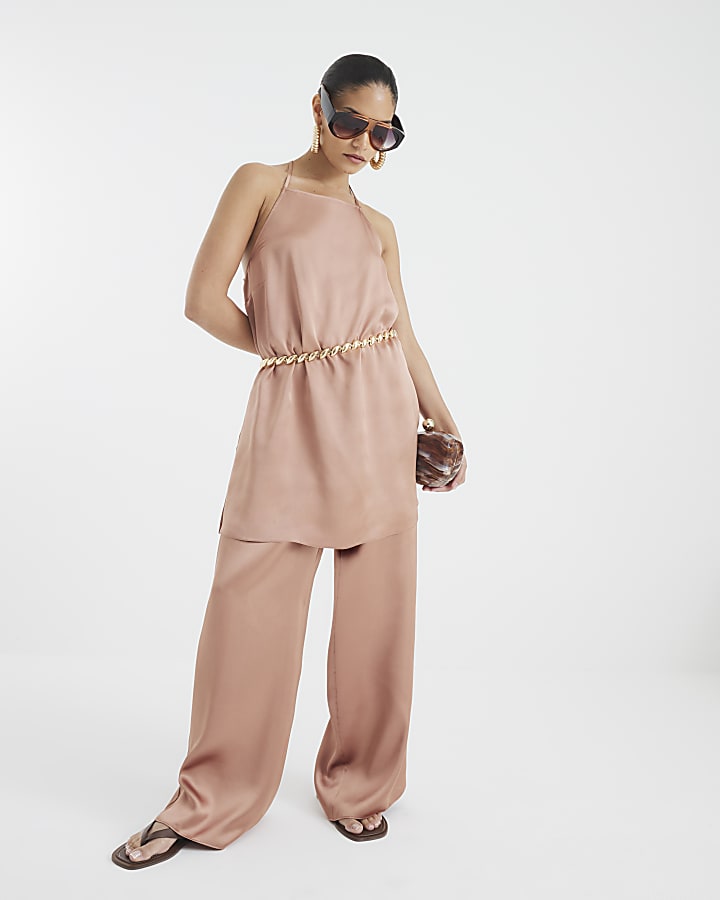 Petite Brown Halter Neck Satin Cami Top