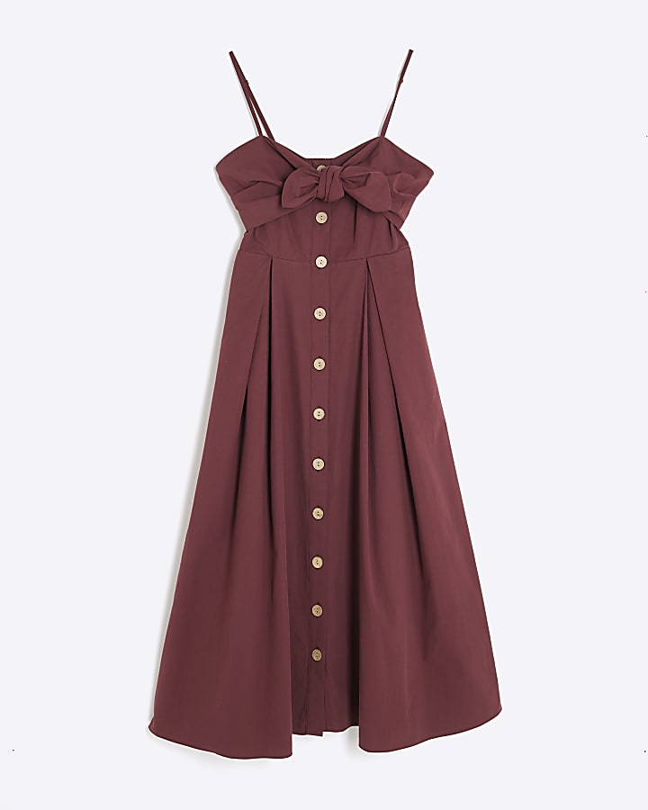 Petite Red Front Bow Button Up Midi Dress