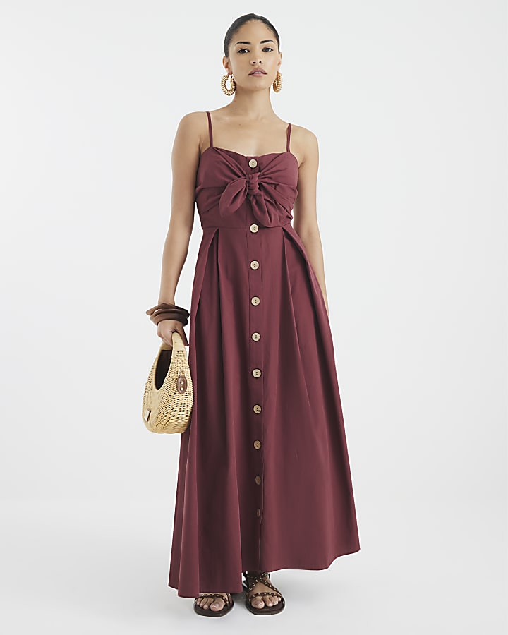 Petite Red Front Bow Button Up Midi Dress