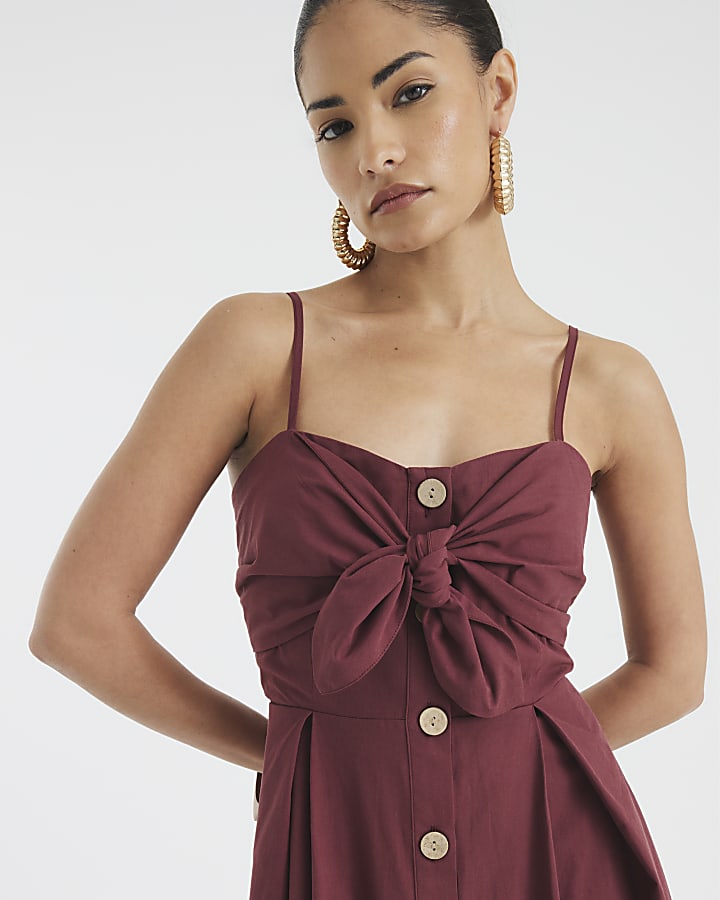 Petite Red Front Bow Button Up Midi Dress