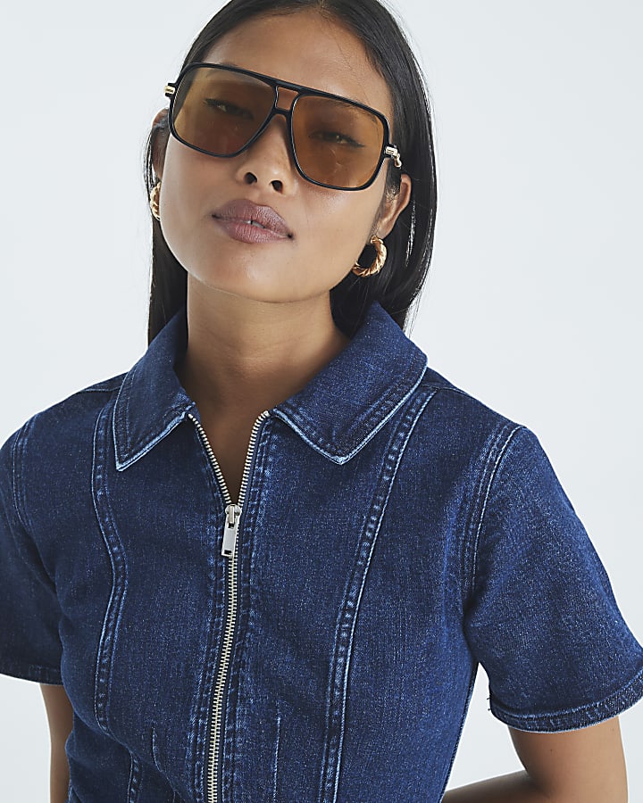 Petite Blue Denim Short Sleeve Zip Playsuit